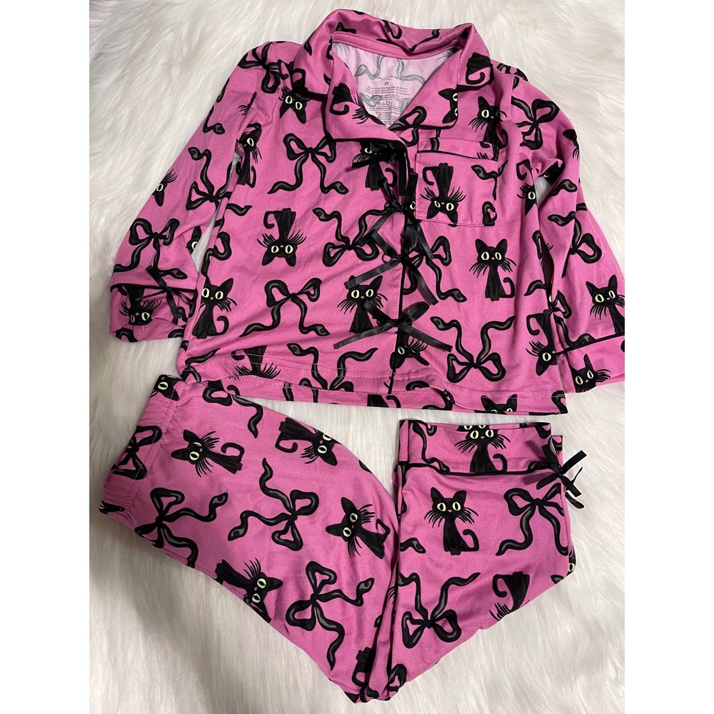 Pink Tahari Girl Toddler Pajama Set Black Cat Ribbon Bow With Bow Ties Down 2T